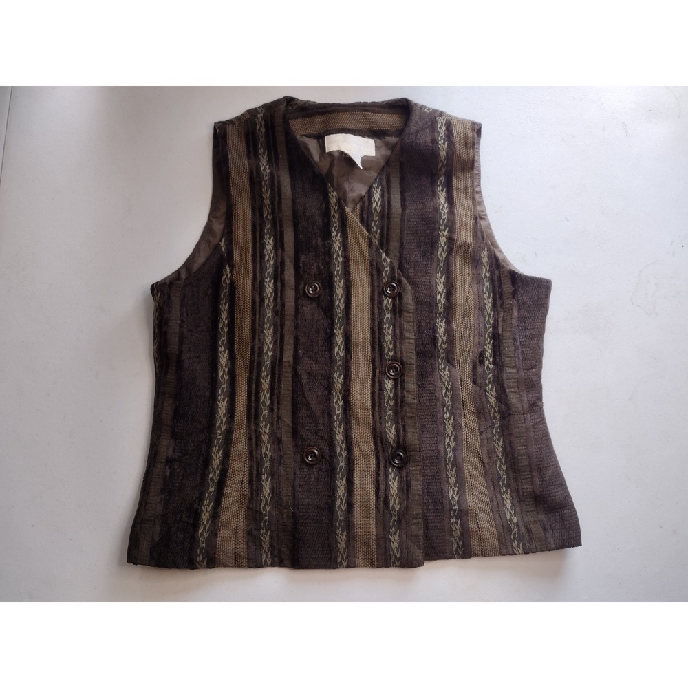 Casual Corner Vintage Striped Tapestry Vest Brown Olive Double Breasted Size 10